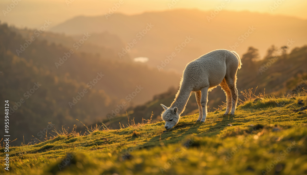 Obraz premium Alpaca grazing on grassy hillside at golden sunset, serene warm light