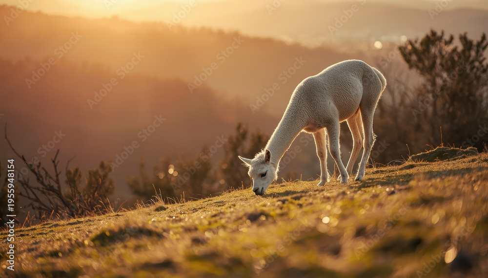Obraz premium Young alpaca grazing on sunlit hillside at golden hour with warm valley background