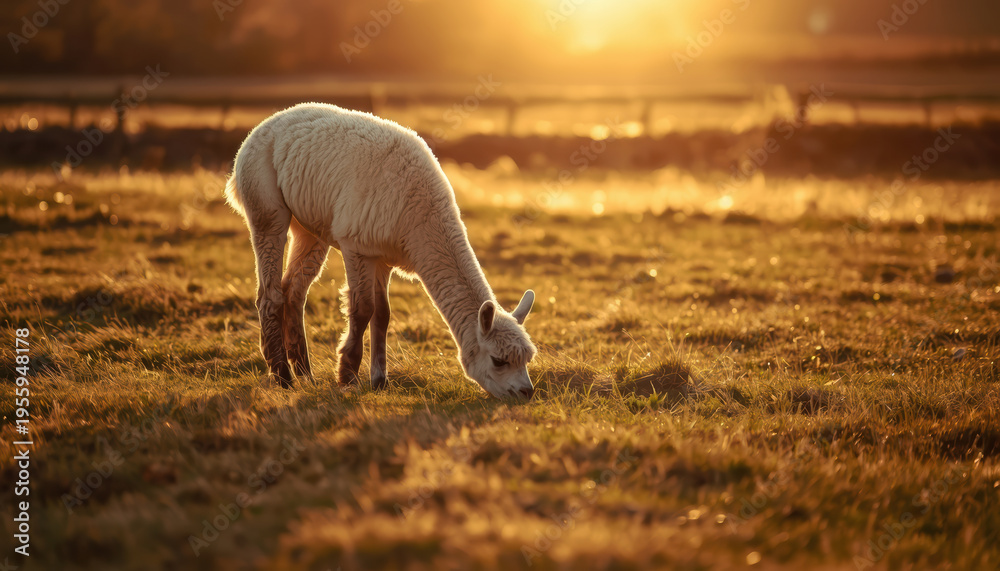 Naklejka premium Alpaca grazing in golden hour light with warm backlight and peaceful mood