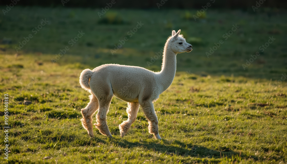 Obraz premium Young alpaca walking across sunlit pasture with gentle golden shadows