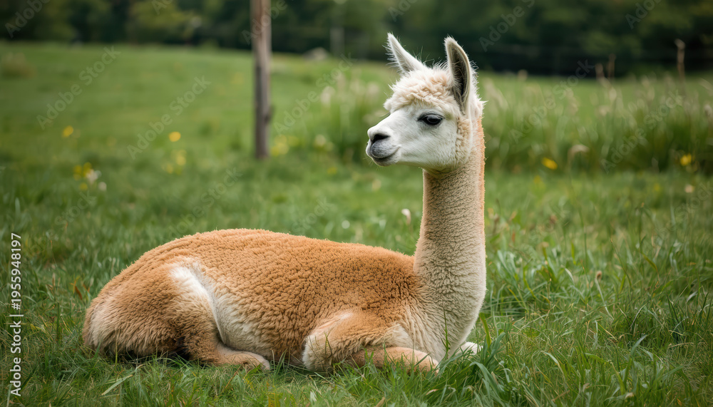 Obraz premium Alpaca resting in green pasture with soft natural light and peaceful mood