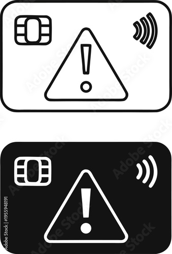 Black and white credit card icons featuring a warning alert symbol and contactless payment sign