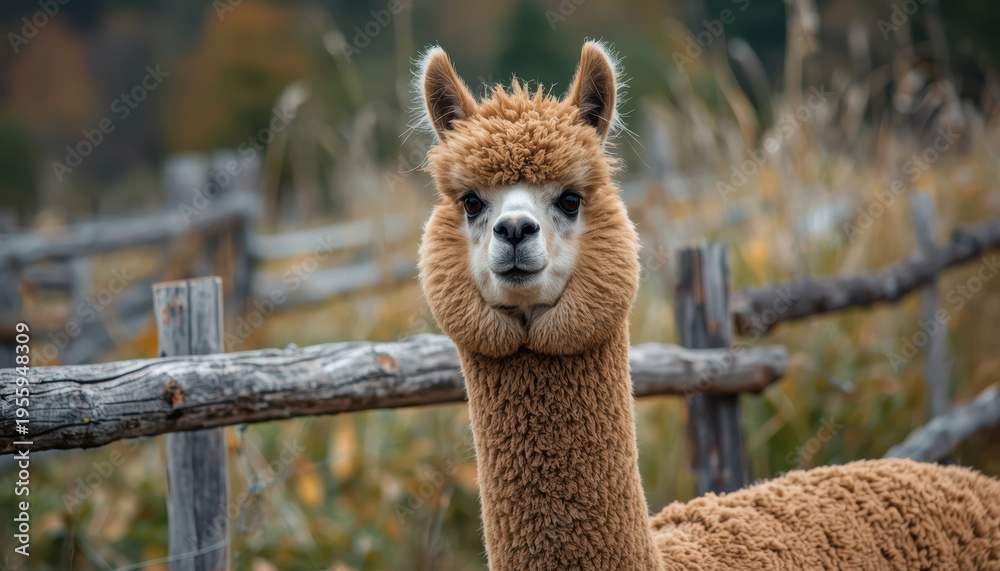 Naklejka premium Brown alpaca portrait near wooden fence in autumn field looking curious warm calm
