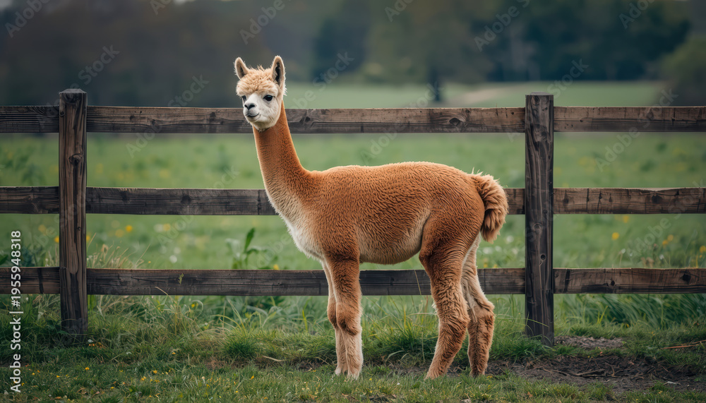 Obraz premium Alpaca brown fence field rural animal standing calm
