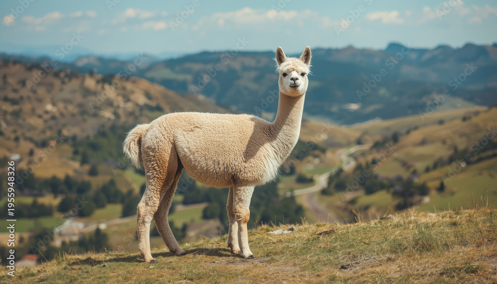 Obraz premium Alpaca standing on hill with scenic mountain valley background calm natural light