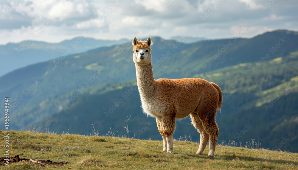 Obraz premium Alpaca brown alpaca standing hill scenic mountain pasture calm gaze