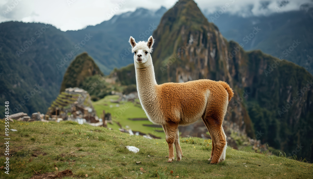 Obraz premium Alpaca brown standing on grassy hill with ancient mountain terrace backdrop, calm natural scene