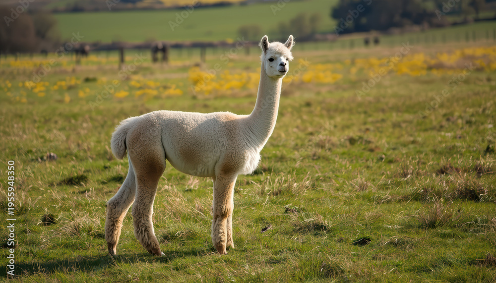 Obraz premium Alpaca young white standing in grassy field with distant fence and rolling hills