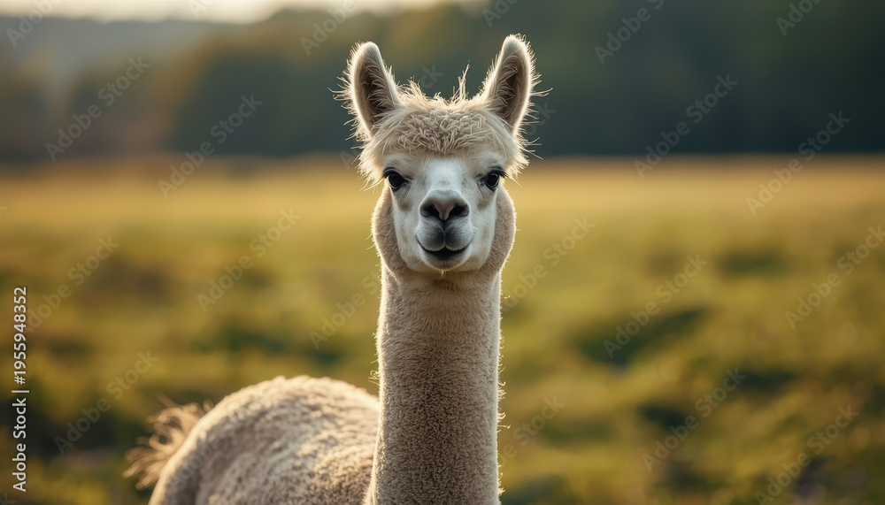 Naklejka premium Young alpaca standing in field with soft natural light and shallow depth of field