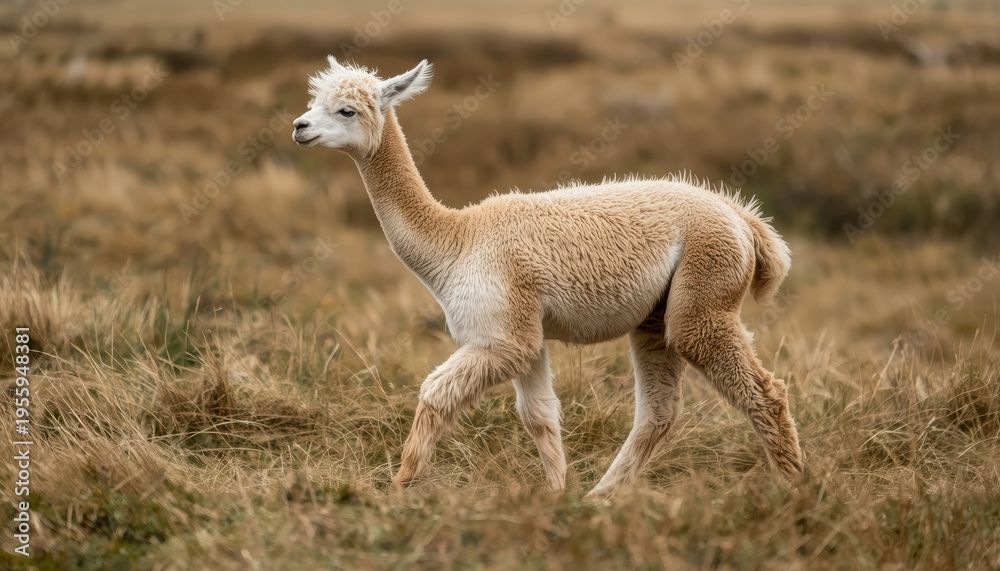 Obraz premium Alpaca walking across field with soft wind moving its fur, serene natural scene