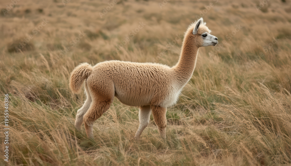 Obraz premium Young alpaca walking across golden grass field with soft wind ruffling fleece
