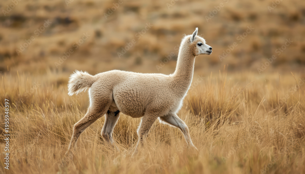 Obraz premium Alpaca walking across field with soft wind moving fur, serene pastoral scene