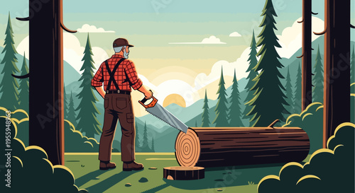 Lumberjack cutting log with chainsaw in forest at sunset
