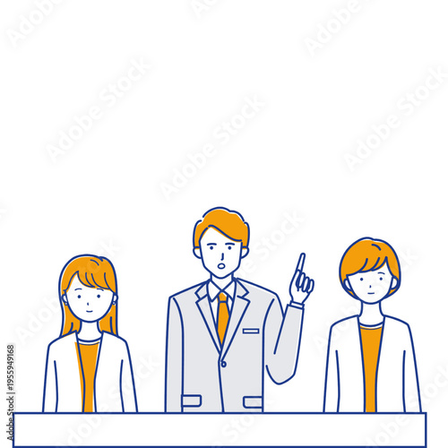 会議で方針を説明するビジネスパーソンのイラスト
（色違い）