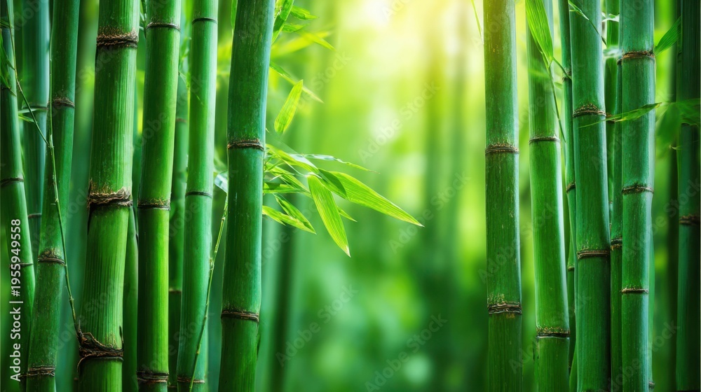 Obraz premium Vibrant green bamboo stalks densely clustered in a lush forest with soft sunlight filtering through the leaves