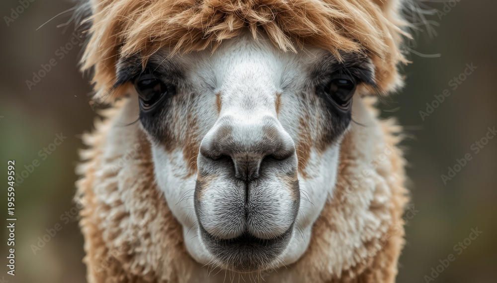 Fototapeta premium Alpaca close up portrait soft woolly face with gentle expression, shallow depth of field