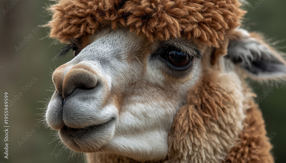 Obraz premium Fluffy brown alpaca close up portrait with detailed facial texture and soft expression
