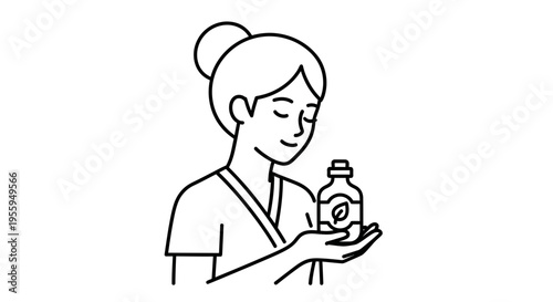 Woman holding a bottle of natural cosmetic or essential oil with a leaf symbol
