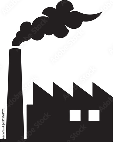 Industrial factory silhouette with smokestack emitting smoke representing pollution and industry on a transparent background