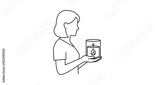 Woman holding a lit candle in a glass holder, simple line art illustration