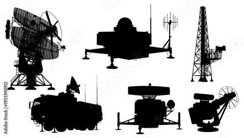 A comprehensive collection of military radar and communication system silhouettes, representing advanced defense technology concepts
