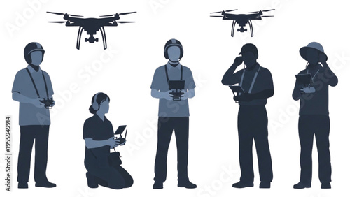 Diverse team of drone operators and technicians managing modern unmanned aerial vehicle technology and systems
