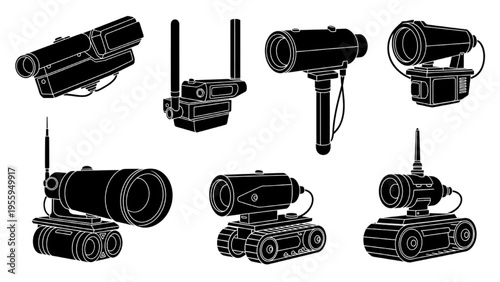 Collection of advanced security and surveillance cameras, including traditional and robotic monitoring devices for modern protection