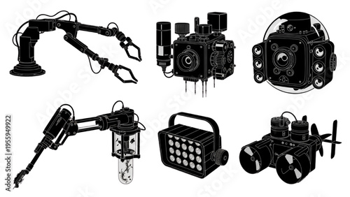 Monochrome illustrations depicting a diverse array of sophisticated futuristic robotic and mechanical devices