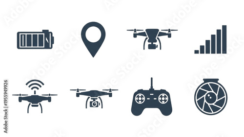 Modern flat design vector icons for drone operation, battery, signal, and camera features