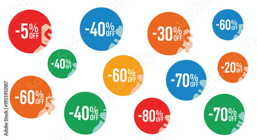 Discount percentage signs in circles.