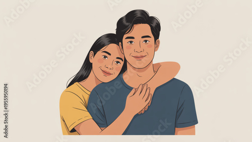 Tender couple embracing woman hugging man from behind smiling together in love and affection on beige background