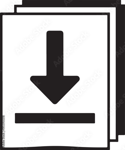 Multiple document download icon, layered files with arrow pointing down, black on transparent background
