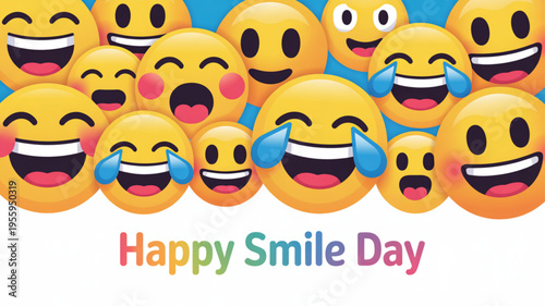 Collection of laughing emojis with tears of joy on blue background with happy smile day text