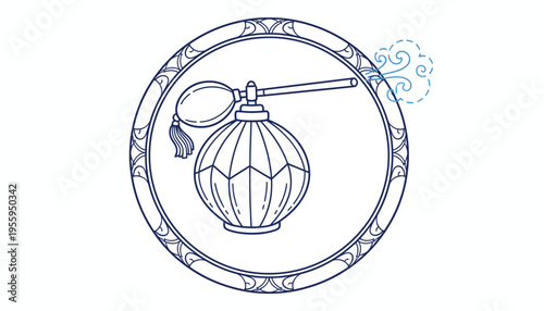 Vintage perfume bottle with atomizer and puff, elegant design, emitting fragrance