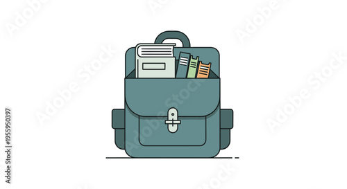 Green school bag with books inside.