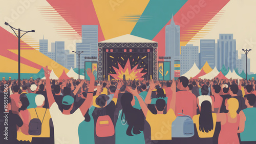 Vibrant crowd enjoys lively outdoor music festival with colorful cityscape background and raised hands