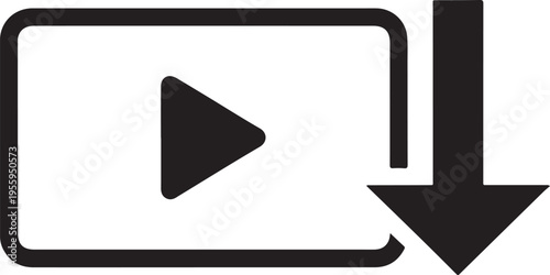 play button icon with download arrow indicating streaming content and digital media download on transparent background