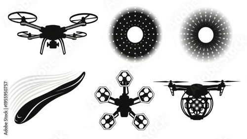 Black and white drone icons and abstract graphic elements for technology and design