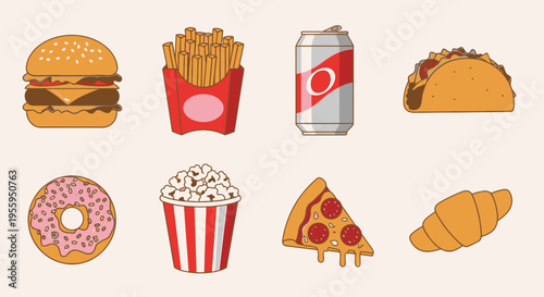 Tasty fast food variety colorful icons.