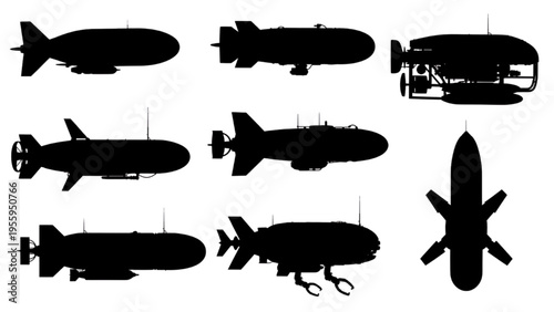 Diverse collection of underwater vehicle silhouettes showcasing marine exploration and robotic technology designs