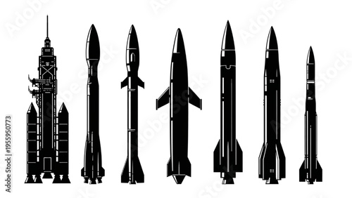 Collection of different types of rockets and missiles silhouette collection