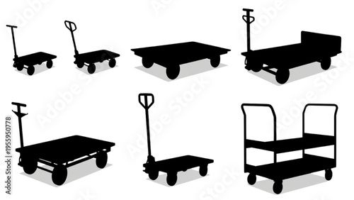 Various types of industrial trolleys and carts for heavy lifting and transport
