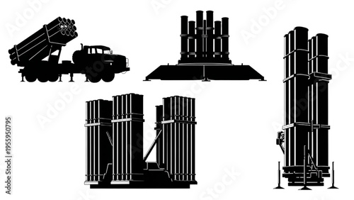 Vector silhouettes of advanced military defense systems, including multiple rocket launchers and surface-to-air missile batteries for security designs