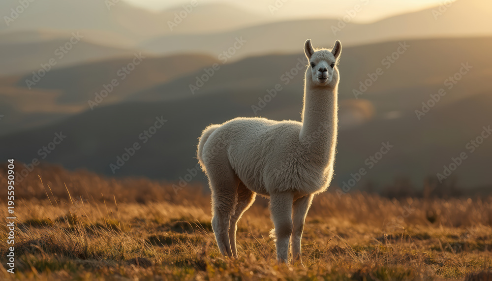 Obraz premium Fluffy alpaca standing in golden mountain meadow at sunset, serene warm light