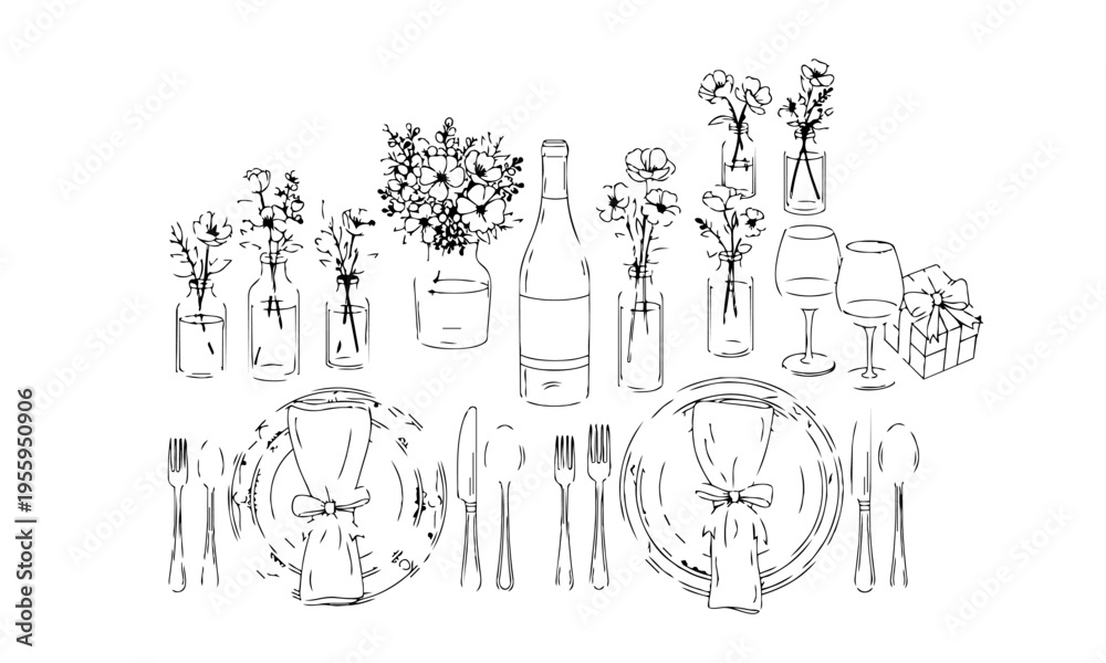 Fototapeta premium Table Setting Event Decoration Outline Icons