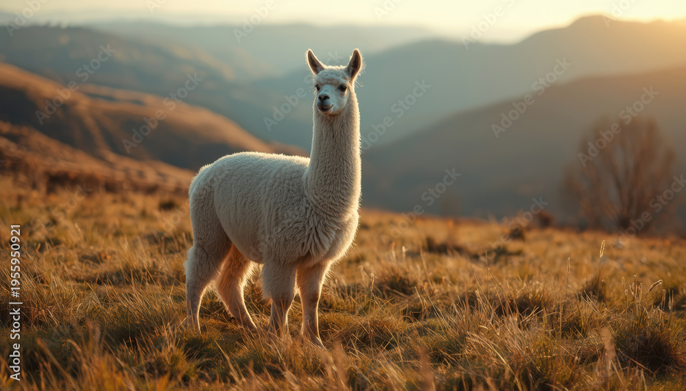 Naklejka premium Fluffy alpaca standing in mountain meadow at golden hour, peaceful warm light