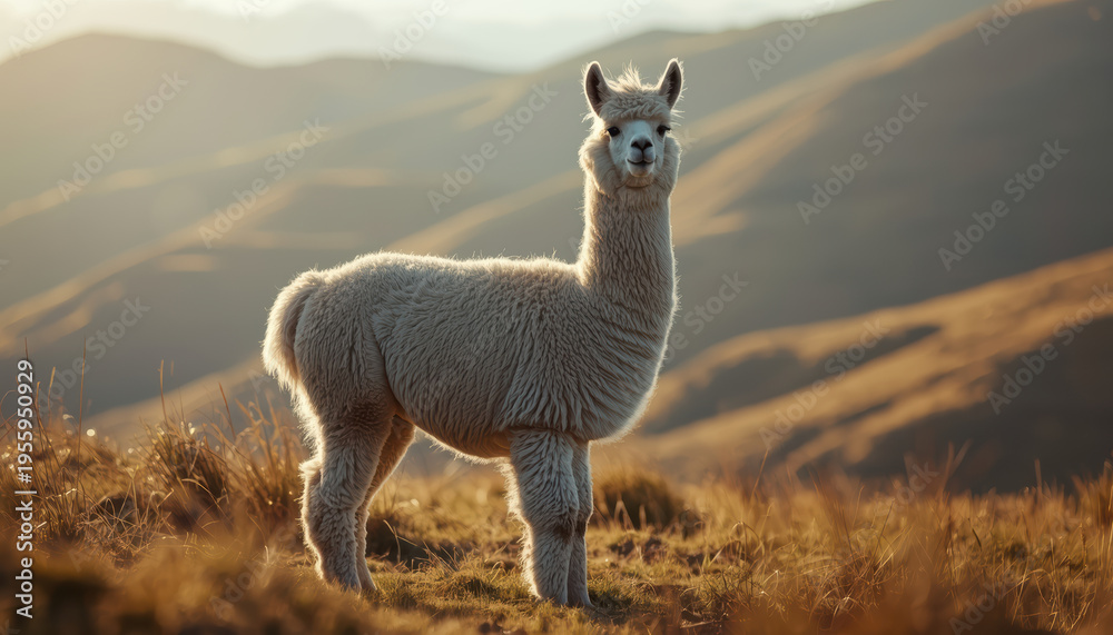 Fototapeta premium Fluffy alpaca standing in golden mountain meadow at sunset peaceful natural scene