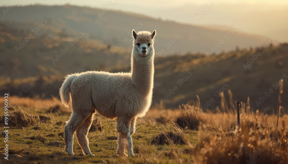 Fototapeta premium Fluffy white alpaca standing in golden mountain meadow at sunset, calm pastoral scene