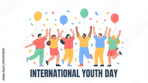 Diverse group of young people celebrating international youth day with balloons and confetti