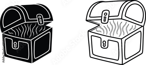 Treasure chest open full of coins black white Vector